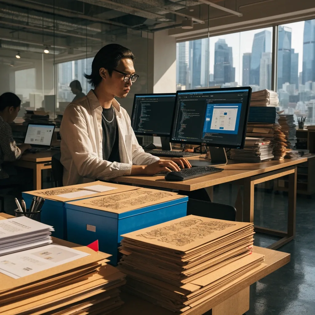 工作室桌面上摊开的空白版面纸张与文具，清晨侧光