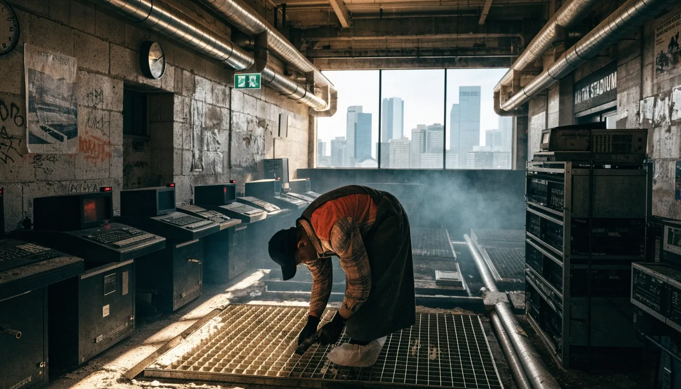 明亮晨光工作室里手在键盘上移动，旁边放着空白纸张与网格工具