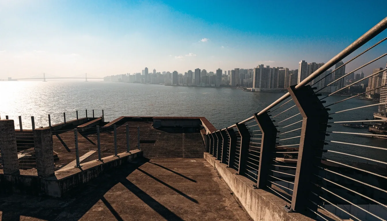 清晨香港海旁天台上的长影与混凝土栏杆