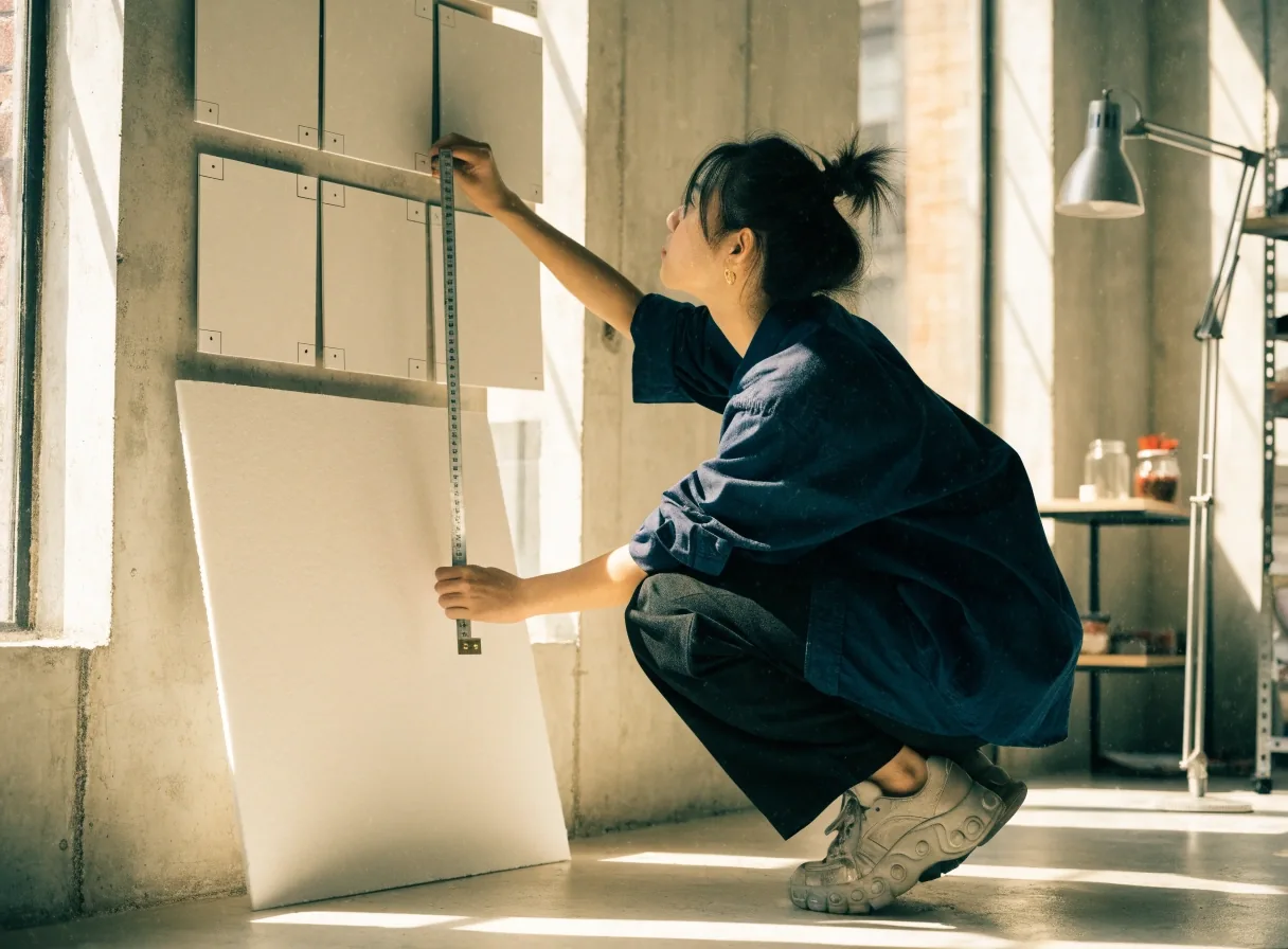 设计师在桌面上排列不同尺寸的空白卡片以核对标志比例