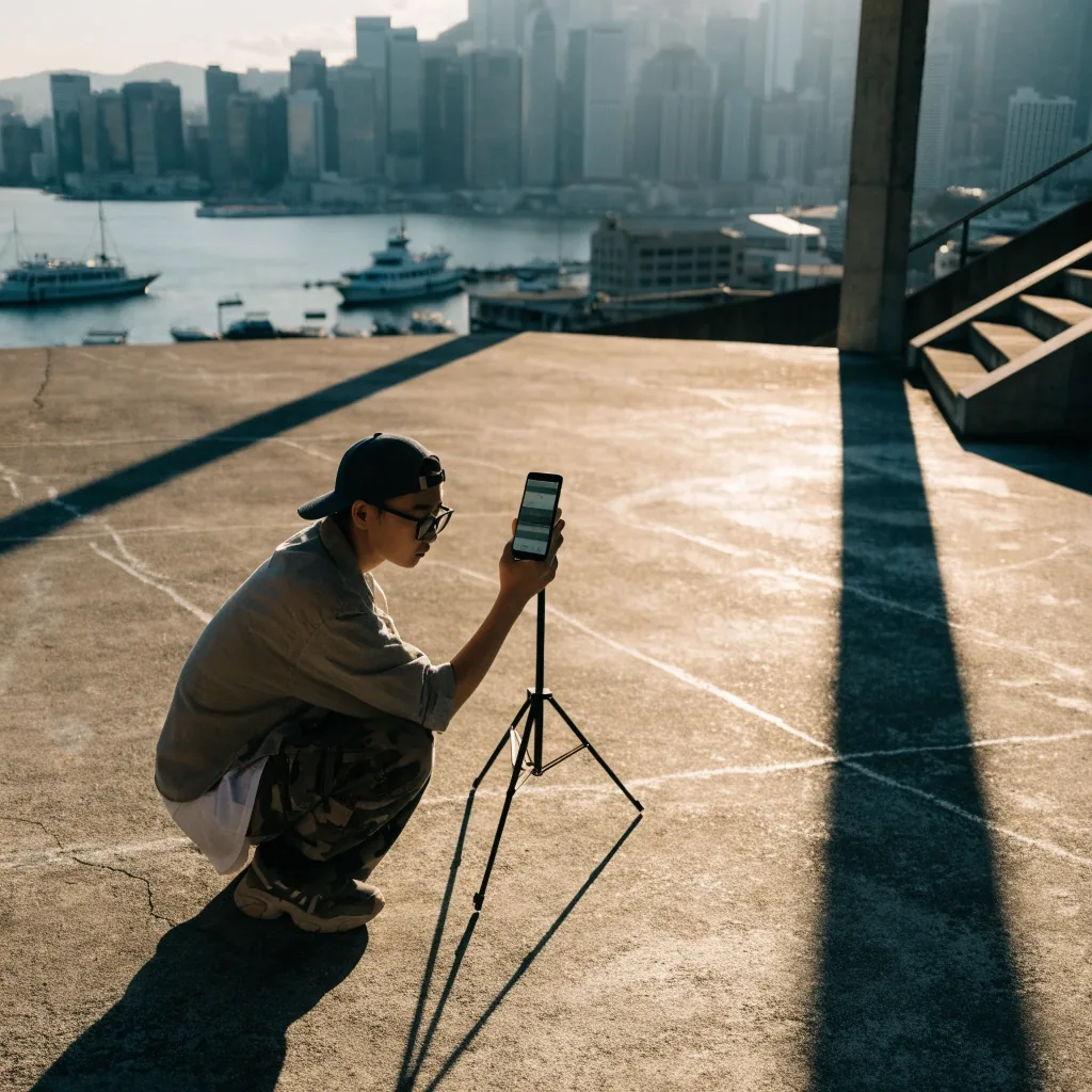 清晨香港海旁天台：硬光拉出长影，远处城市轮廓在薄雾中